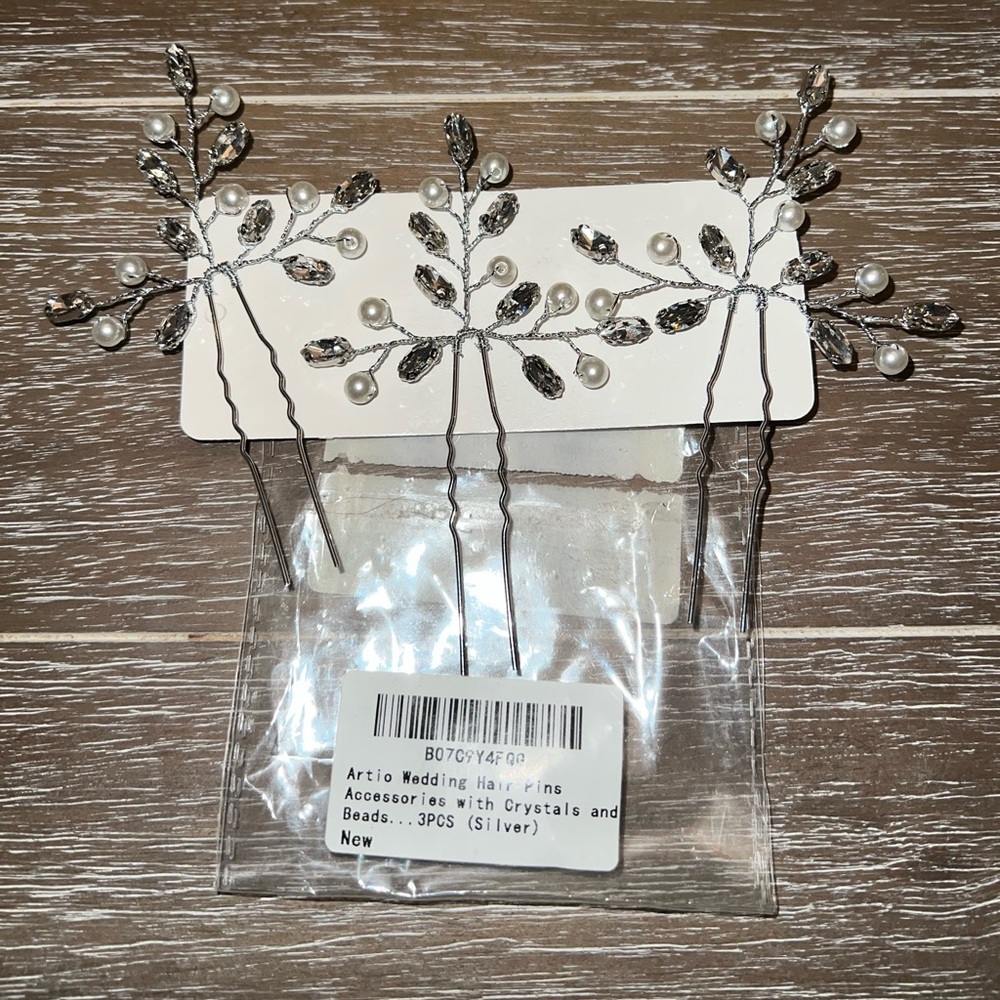 NEW wedding prom up-do set of 3 hair pins: crystal and pearl, silver, flexible!